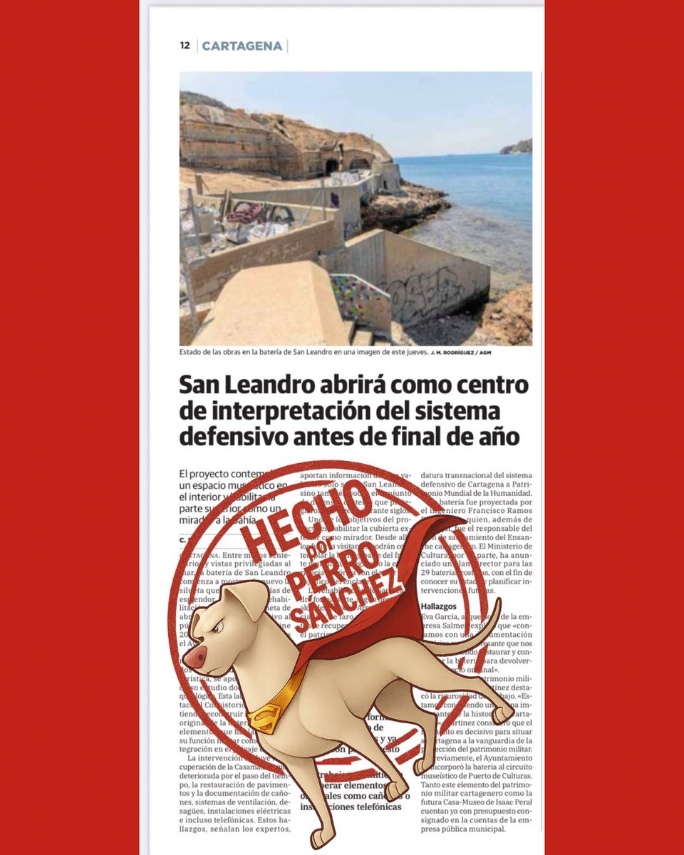 El gobierno de 🇪🇸<a href="/desdelamoncloa/">La Moncloa</a> sigue avanzando en las obras de la batería de San Leandro!!! En unos meses podremos disfrutar del centro de interpretación Gracias al 🐕 😎 el Gobierno de <a href="/LopezMirasF/">Fernando López Miras</a> #NiestáNiSeLeEspera