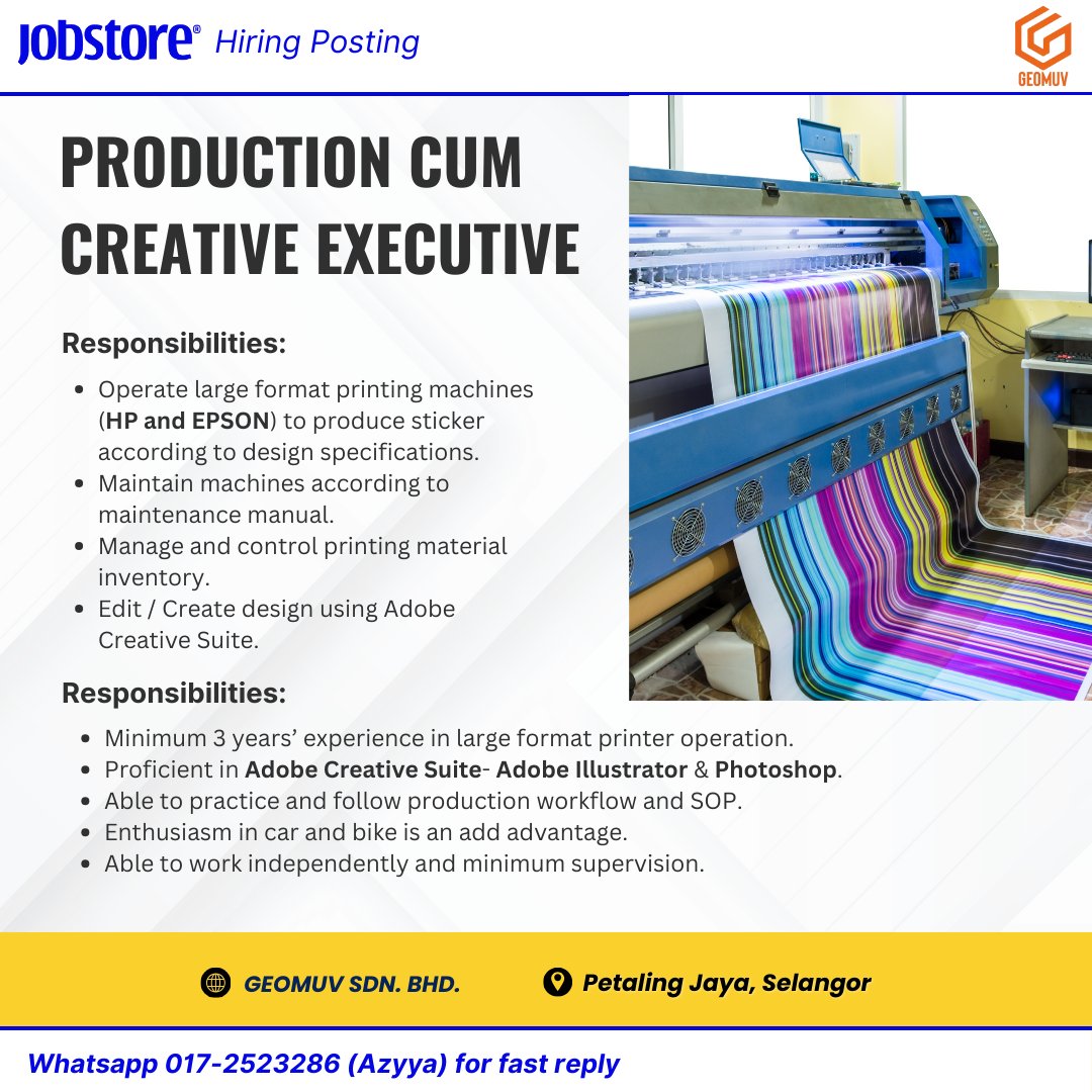 azzyya's tweet photo. Production cum Creative Executive | Petaling Jaya, Selangor
Company: GEOMUV Sdn. Bhd.

📄 Job info: https://t.co/Gk3FIbh9PE
✉️ Submit Resume Here: https://t.co/iu9P60U3RV
📲 Fast Apply WhatsApp: 017-2523286 (Azyya) https://t.co/bQdaS27Qit
✉️ Or Email: maziah@jobstore.com https://t.co/nIIaaaEcL0