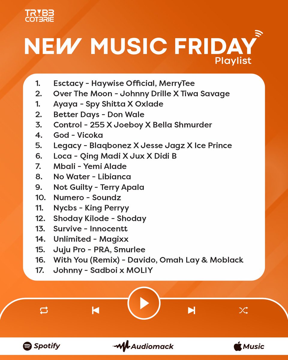 NEW MUSIC Friday : Tune In! 🔊🔥

Cover Artist: <a href="/haywiseofficial/">Graced Boy</a>
🔗: open.spotify.com/playlist/33a56…

• Esctacy - Haywise Official, MerryTee
• Over The Moon - Johnny Drille X Tiwa Savage
• Control - 255 X Joeboy X Bella Shmurder
• Legacy - Blaqbonez X Jesse Jagz X Ice Prince
