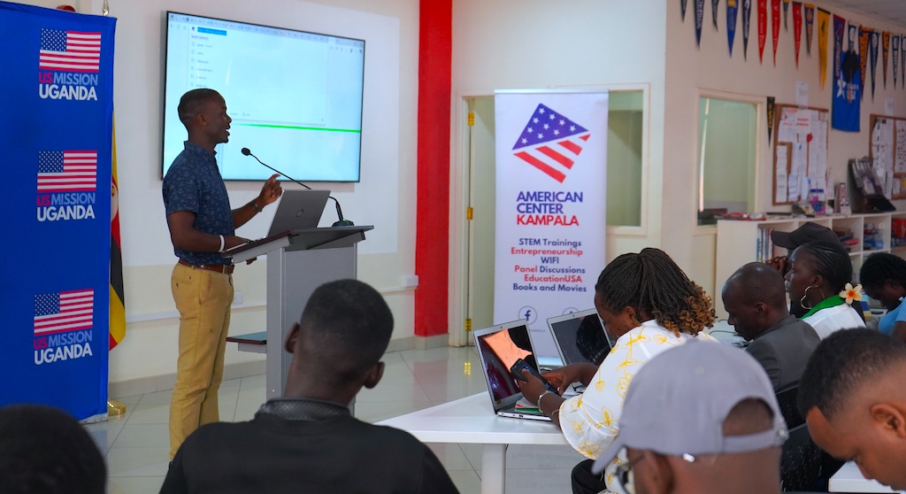 Recently at #AmericanCenterKampala, 116 participants engaged in a dynamic workshop on <a href="/eLibraryUSA/">eLibraryUSA</a> &amp; Canva design tools, highlighting the transformative power of innovation &amp; access to knowledge. Attendees explored free digital resources to enhance their skills in graphic design