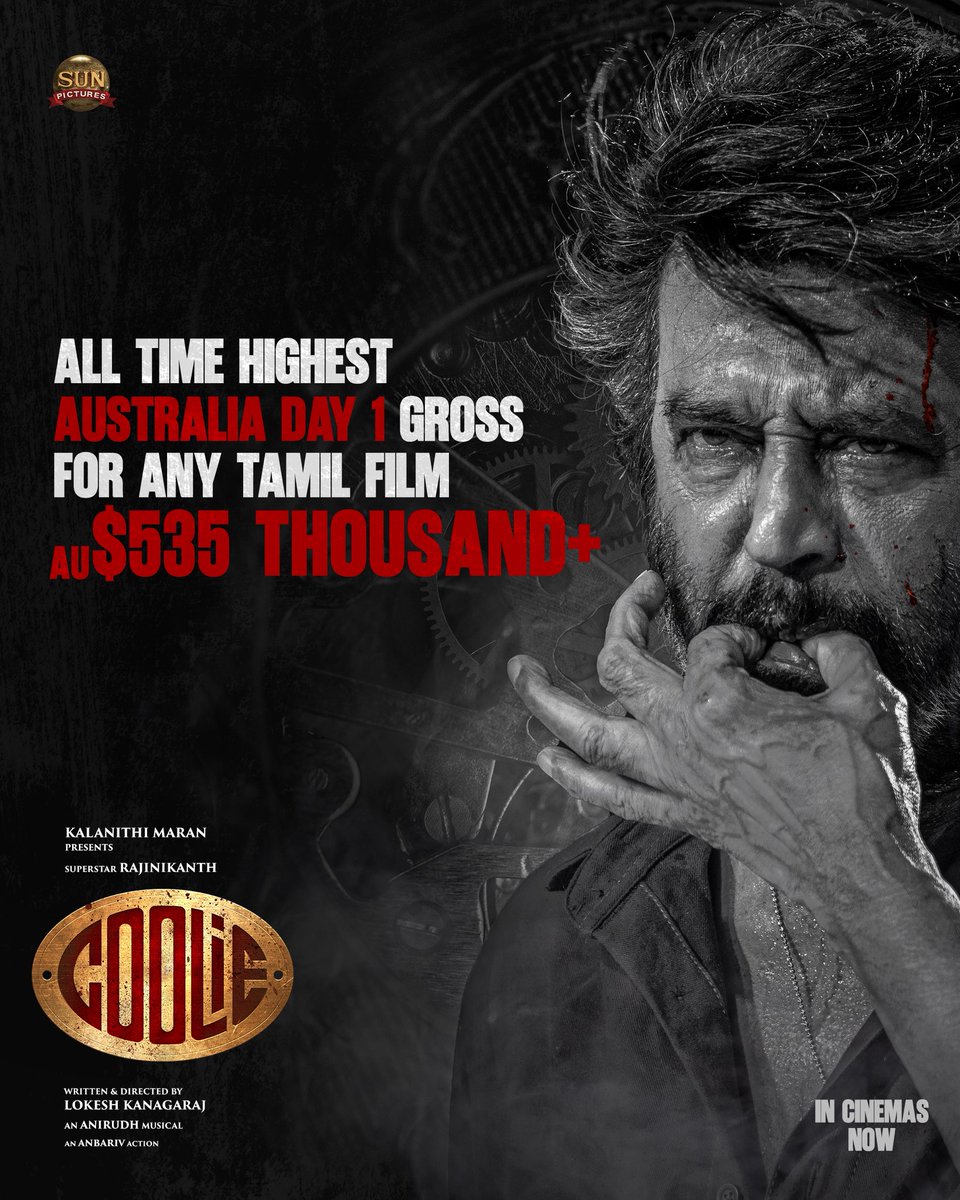 sunpictures's tweet photo. Imaya mala pola mass-u dhan💥🌪️
#Coolie becomes the all-time highest Day 1 gross in Australia for any Tamil film - AU $535 Thousand+

#Coolie in theatres worldwide🌟

@rajinikanth @Dir_Lokesh @anirudhofficial #AamirKhan @iamnagarjuna @nimmaupendra #SathyaRaj #SoubinShahir @shrutihaasan @hegdepooja @Reba_Monica @monishablessyb @anbariv @girishganges @philoedit @ArtSathees @iamSandy_Off @Dir_Chandhru @PraveenRaja_Off @RIAZtheboss @Hamsinient @tolly_movies