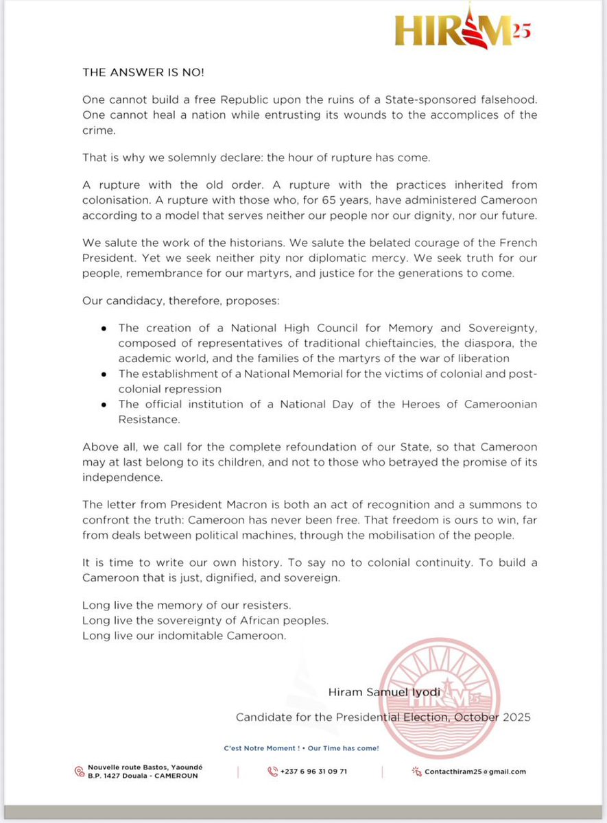 Mpodol_237's tweet photo. 🚨‼️DÉCLARATION OFFICIELLE DU CANDIDAT HIRAM SAMUEL IYODI À LA SUITE DE LA LETTRE DU PRÉSIDENT EMMANUEL MACRON‼️🚨

‼️🚨OFFICIAL STATEMENT BY CANDIDATE HIRAM SAMUEL IYODI FOLLOWING THE LETTER OF PRESIDENT EMMANUEL MACRON‼️🚨

#Hiram2025 https://t.co/RR8WXyMm8S