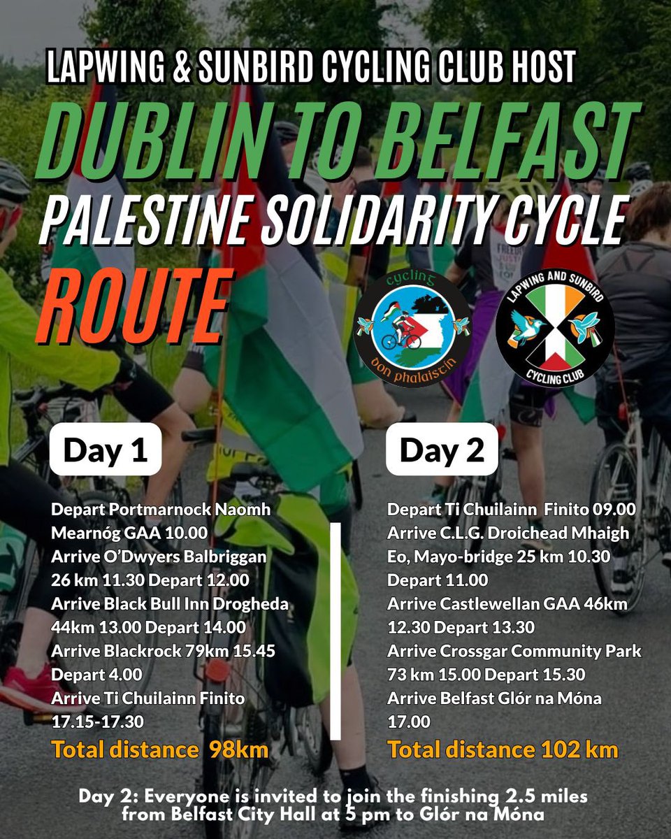 Sport4Palestine's tweet image. Still time to register for our Dublin to Belfast Palestine Solidarity Cycle this weekend. All levels of cyclists welcome to join us for all or part of the cycle! See registration in our bio ☝️ or visit cycleforpalestineireland.com