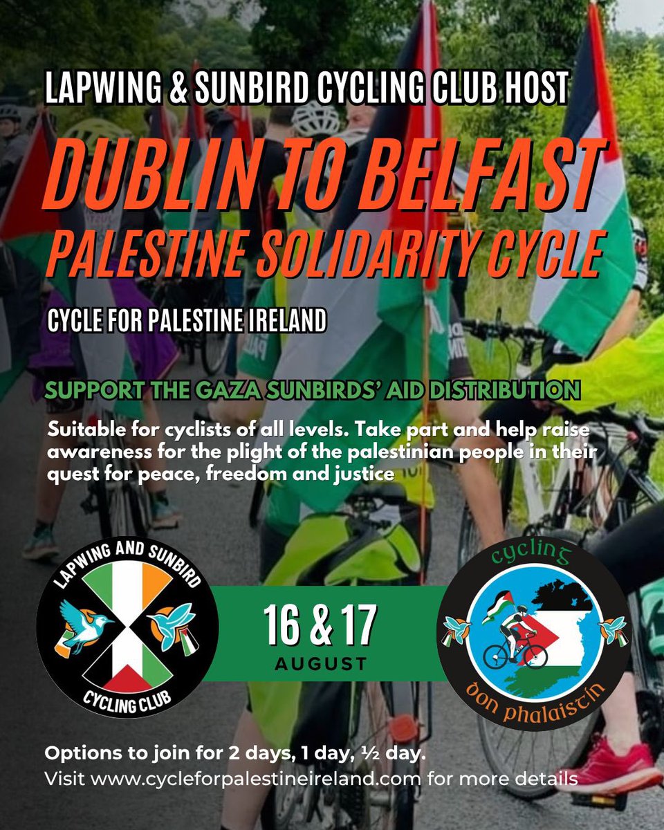 Sport4Palestine's tweet image. Still time to register for our Dublin to Belfast Palestine Solidarity Cycle this weekend. All levels of cyclists welcome to join us for all or part of the cycle! See registration in our bio ☝️ or visit cycleforpalestineireland.com
