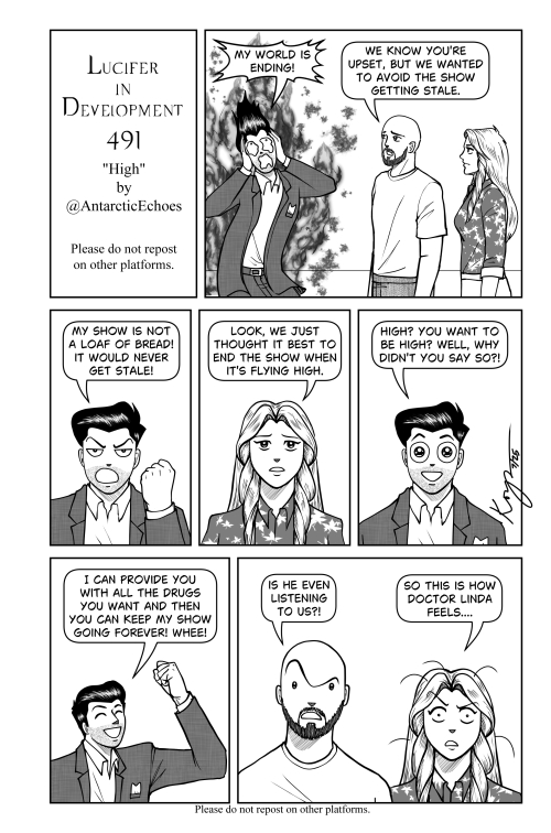 Happy Friday, everybody! I am back with new comics! here is #LuciferInDevelopmentComics no. 491! <a href="/Ildymojo/">Ildy Modrovich</a>  and <a href="/Henderson_Joe/">Joe Henderson</a>  try to explain to Dorky Luci why they decided to end the show.... 😅😅😅 Enjoy! 💖💖💖💖💖 #LuciferNetflix #Lucifer