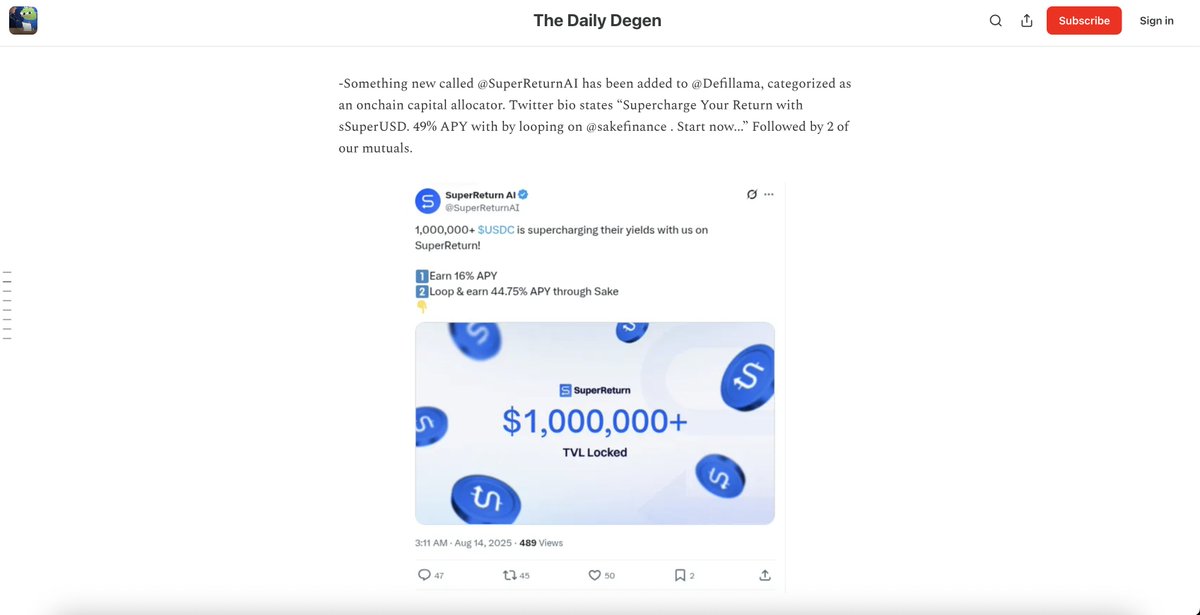 SuperCashMe's tweet photo. Supercharge your $USDC now!

Deposit USDC and earn 14.6% APY 

Loop on Sake to earn 44.95% APY https://t.co/7cuKSFzEHu