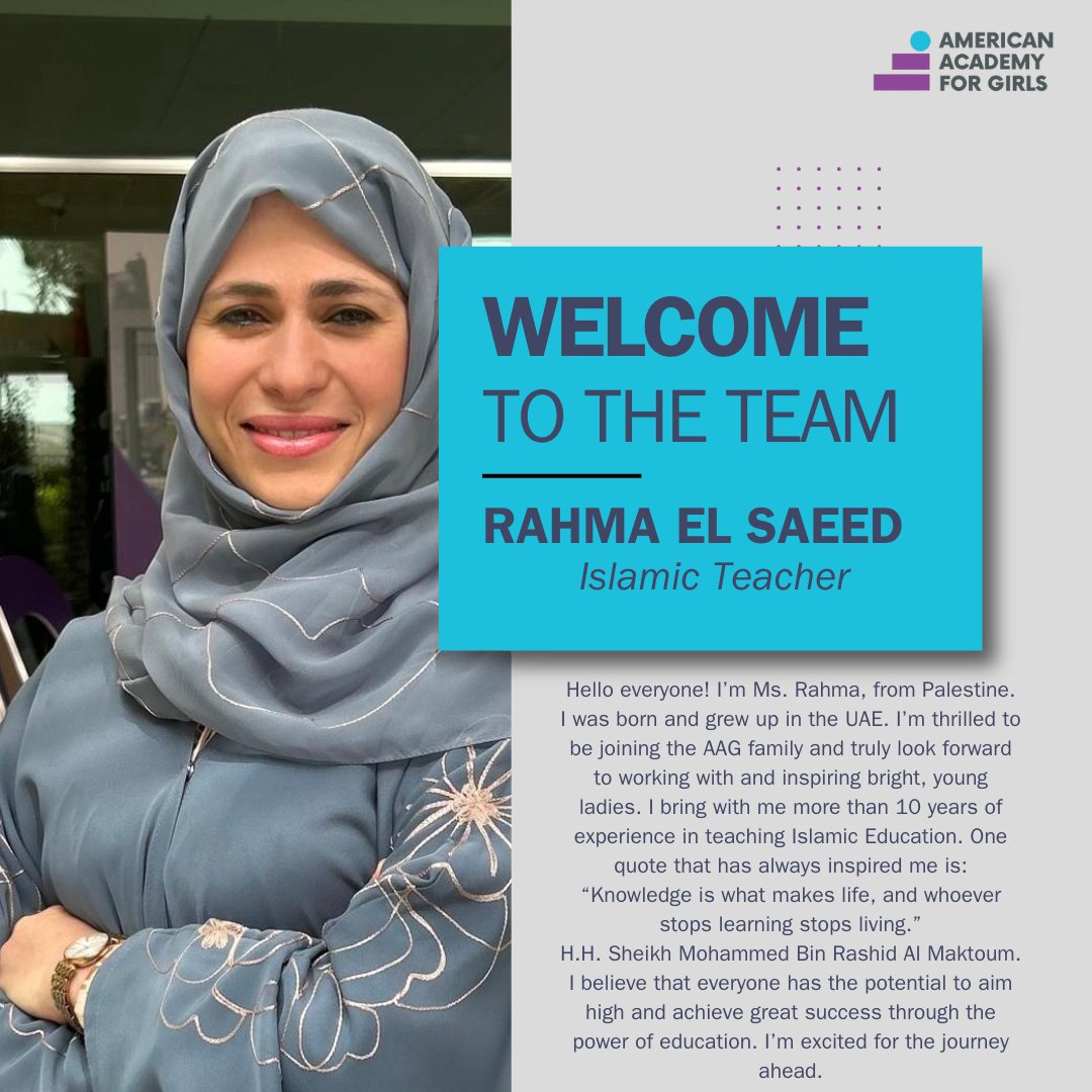 A warm AAG welcome to Ms. Rahma El Saeed, our new Islamic Education teacher!
With over 10 years of experience and a heart for inspiring young minds, we’re excited for the wonderful journey ahead!

#Taaleem #ProudlyTaaleem #AAG #UAE #Dubai #School #Apply #Enroll