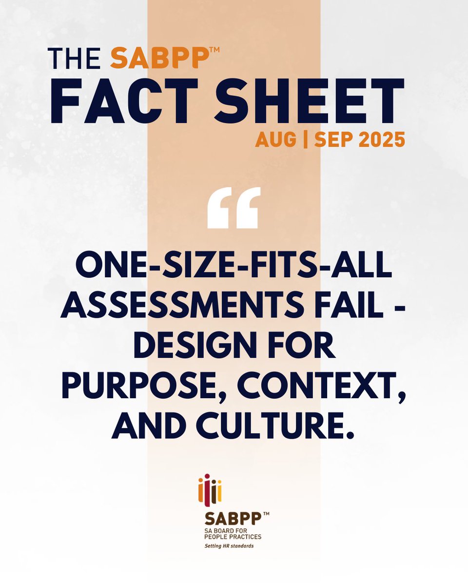 SABPP1's tweet photo. #FactSheetFriday
SABPP Fact Sheet Aug | Sept 2025
"One-size-fits-all assessments fail—design for purpose, context, and culture."
Extracted from: Page 10, on fit-for-purpose assessment design in good practice frameworks.
Read the full Fact Sheet here https://t.co/hshRupsTwm https://t.co/WLzqkvnAAh