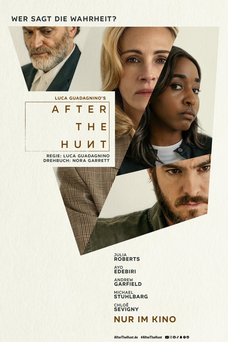AFTER THE HUNT von Regisseur Luca Guadagnino und mit Julia Roberts, Ayo Edebiri, Andrew Garfield und Michael Stuhlbarg. #AfterTheHunt - Ab 16.10. NUR im Kino.