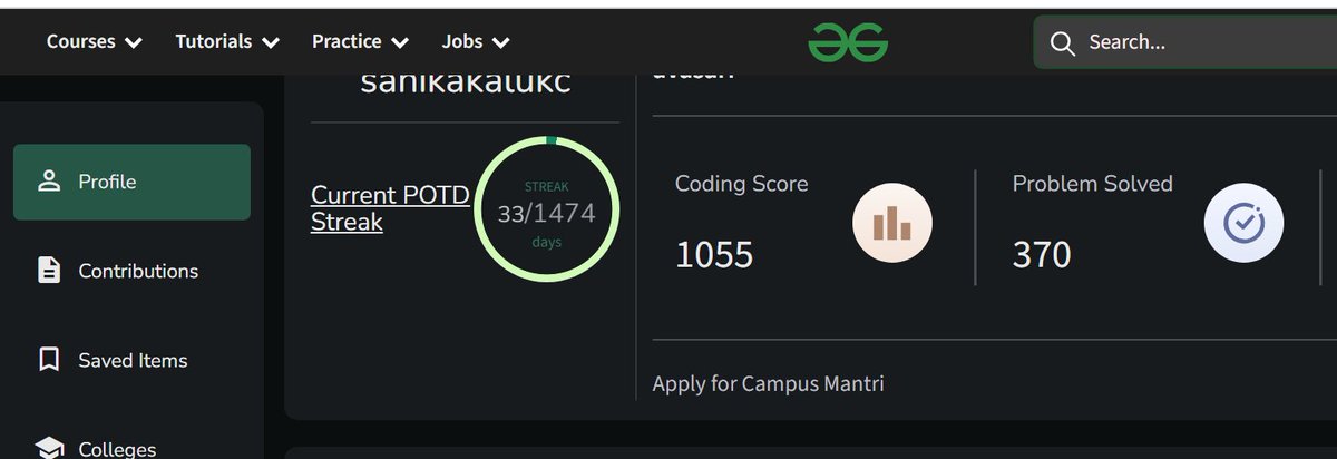 57sanikaK's tweet photo. POTD streak stopped at 33, 1055 coding score, 370 problems solved… and counting again.
Back on track. 🔥
#CodingComeback #GeeksforGeeks #100DaysOfCode" https://t.co/fEsu59mnR4
