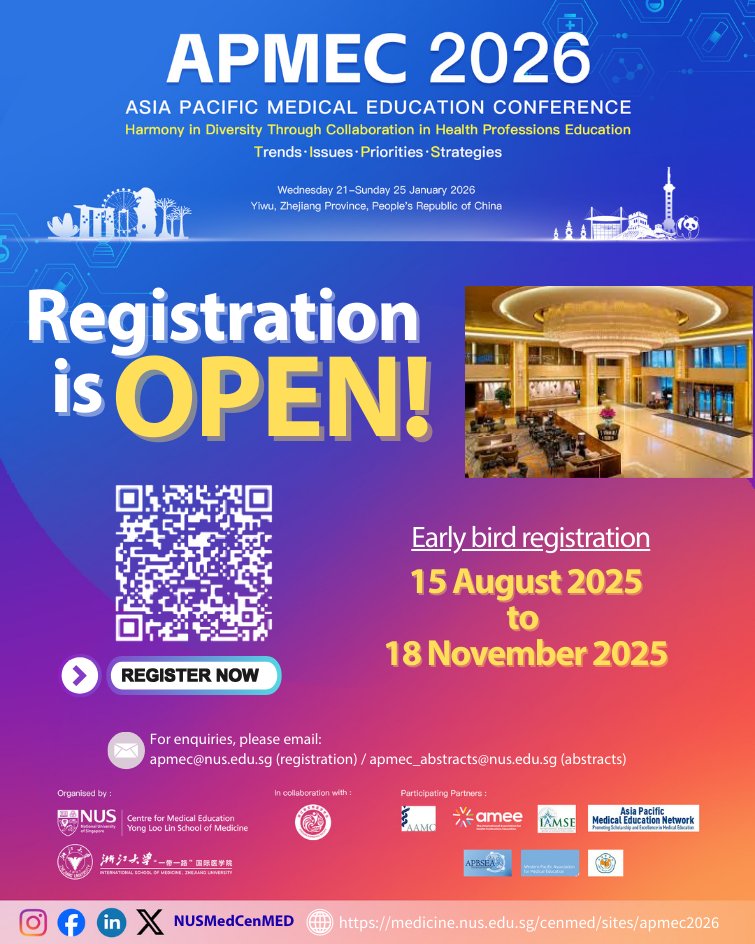 The wait is over! 🎉 Registration for APMEC 2026 in China is now open.
Scan the QR code or visit our website to secure your spot today!
#APMEC2026 #MedicalEducation #Conference #RegisterNow #HealthcareEducation