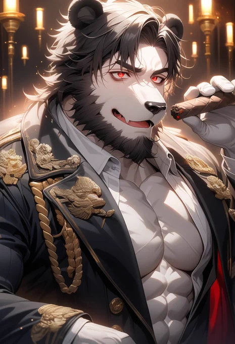 このアカウントのプロフアイコンのデスパンダさん、本来の動物から獣人にしたらこんな感じに。あと葉巻は火がついた方を口にするのはおよしなさい
