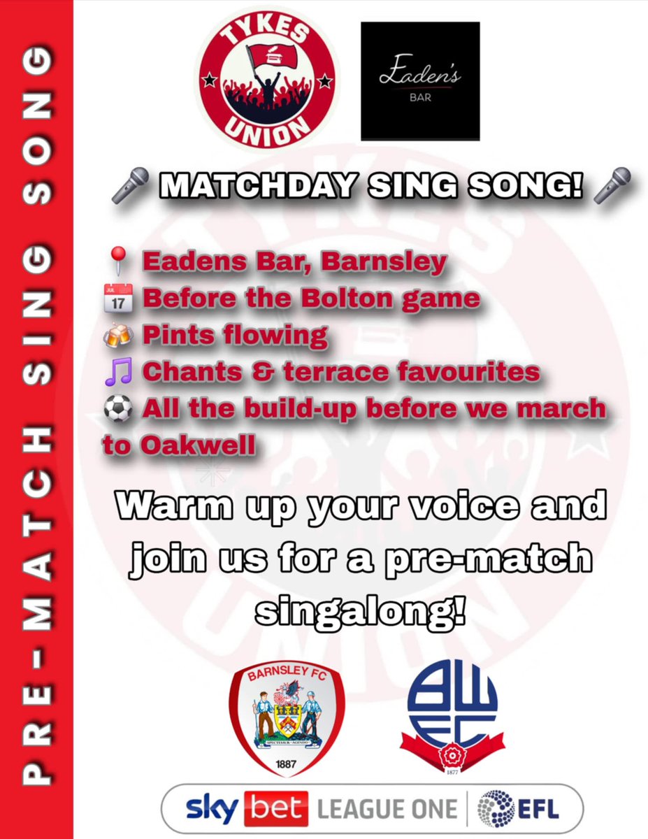 Join us in the Eadens bar tomorrow! 
Brought to you by Tykes Union! 
#BarnsleyFC