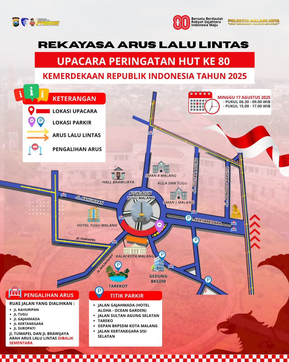 Pengalihan arus lalin pada Minggu, 17 Agustus 2025 jam 06:30 - 09:00 dan 15:00 - 17:00 di kawasan Balai Kota. 

Bagi calon penumpang <a href="/KAI121/">Kereta Api Indonesia</a> harap cari jalan alternatif lainnya atau berangkat lebih awal. 

<a href="/infomalang/">Info Malang</a> <a href="/cityguide911fm/">City Guide 911 FM</a> <a href="/Malangraya_info/">Malang Raya Info</a>
