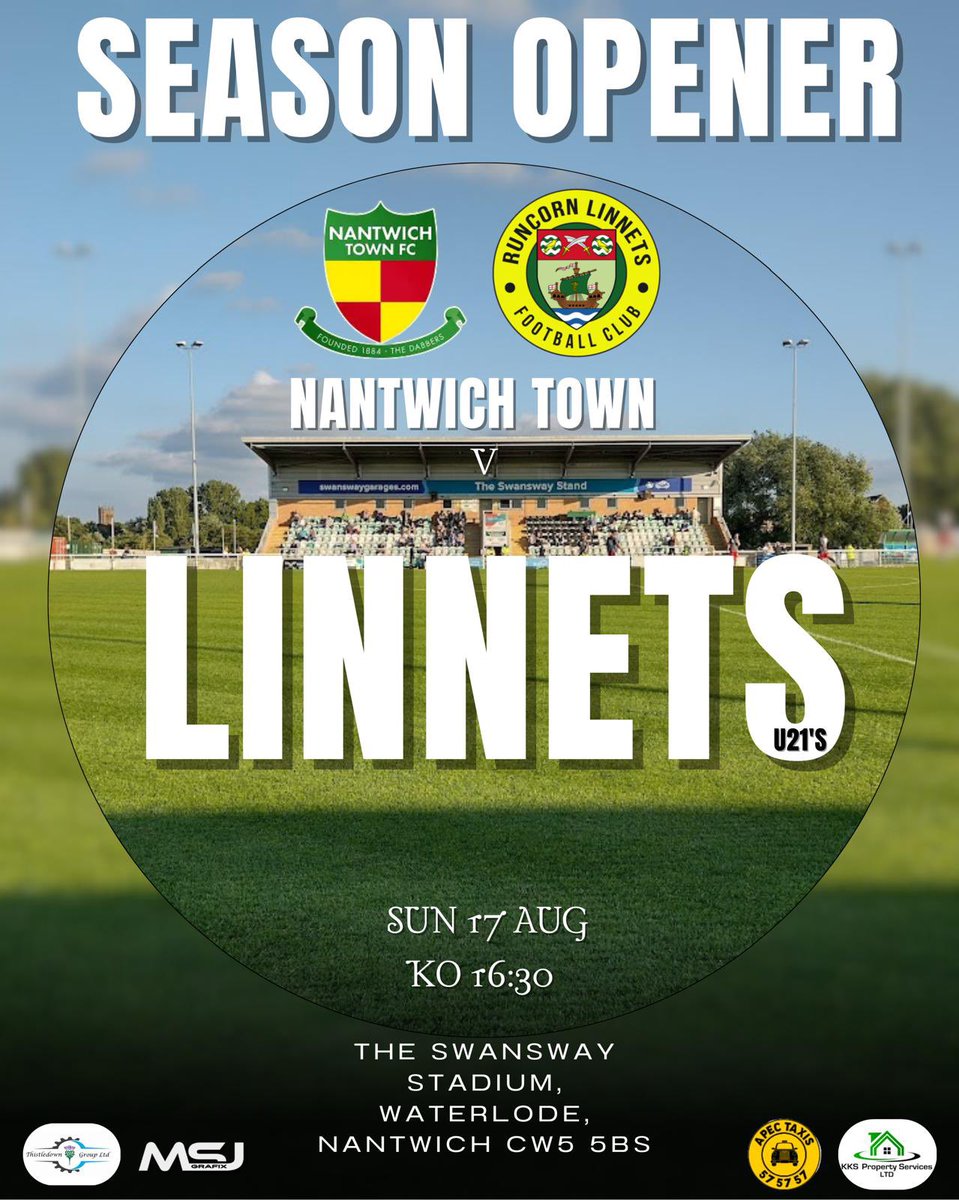 🚨 MATCHDAY – SEASON OPENER 🔰

This Sunday our Runcorn Linnets U21s hit the road for the first game of the season, as we travel to face Nantwich Town U21s.

📅 Sunday 17th August
🆚 Nantwich Town U21s
🏟️ The Swansway Stadium
⏰ Kick-off: 4:30pm

Good luck lads! 💛💚