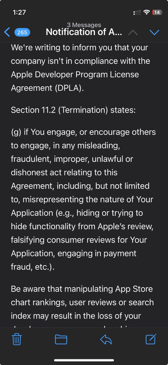 iOS_Mahipal's tweet image. Hey indie devs, 
I promoted my app on AppAdvice and then got this email from Apple about possible DPLA violations 😬
Has anyone faced something like this, especially when offering lifetime access?
Do you think my dev account is at risk? 
#IndieDev #iOSDev #AppStore #ASO