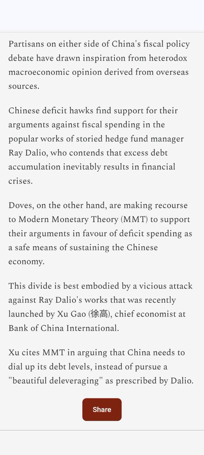 The image is a screenshot of a social media post from Warren B. Mosler (@wbmosler) on platform X, featuring text discussing economic theories and celebrity endorsements. It highlights Ray Dalio, a well-known hedge fund manager, and his support for Modern Monetary Theory (MMT) in the context of Chinese fiscal policy debates. The text is clearly legible, well-formatted, and occupies the entire image, with a red 'Share' button at the bottom. No platform watermarks like Instagram, TikTok, or Xiaohongshu are present, and the composition is straightforward, focusing on the textual content. The post references a debate on deficit spending and Dalio's influence, combining visual and textual context to emphasize economic discourse and celebrity status.