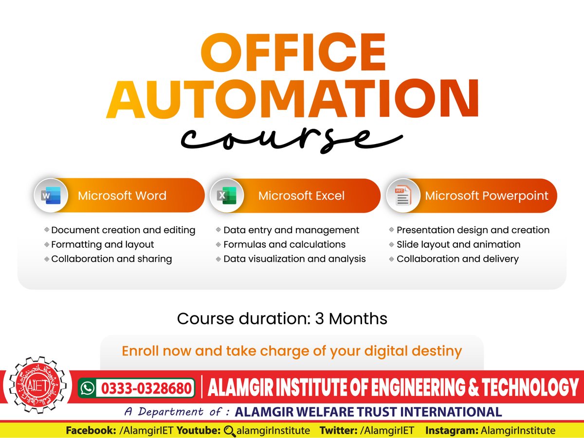 AlamgirIet's tweet photo. Admissions are open🔔🤩
🔸Elevate Your Career with Our Office Automation Course

#AIET #OfficeAutomation #CareerDevelopment #msoffice
#SkillsForSuccess #itskillstraining #SharePost #MSWordTips
#informationtechnology #itskillstrainingandcertification #IT
#msexceltips https://t.co/DBg1lRvbHN