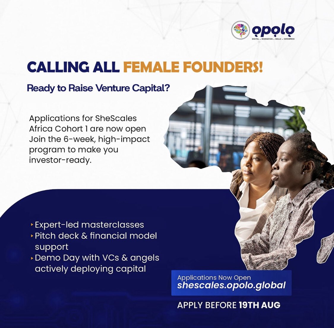 All Things Ventures (@all_thingsvc) on Twitter photo Female founders in Africa & diaspora β ready to raise funding?
Join SheScales Africa: 6-week FREE virtual investment readiness program by <a href="/OpoloGlobal/">α»pα»lα» Global Innovation</a>
π Closes on Aug 19, 2025
π Apply: shescales.opolo.global
#SheScales #FemaleFounders Female founders in Africa & diaspora β ready to raise funding?
Join SheScales Africa: 6-week FREE virtual investment readiness program by <a href="/OpoloGlobal/">α»pα»lα» Global Innovation</a>
π Closes on Aug 19, 2025
π Apply: shescales.opolo.global
#SheScales #FemaleFounders