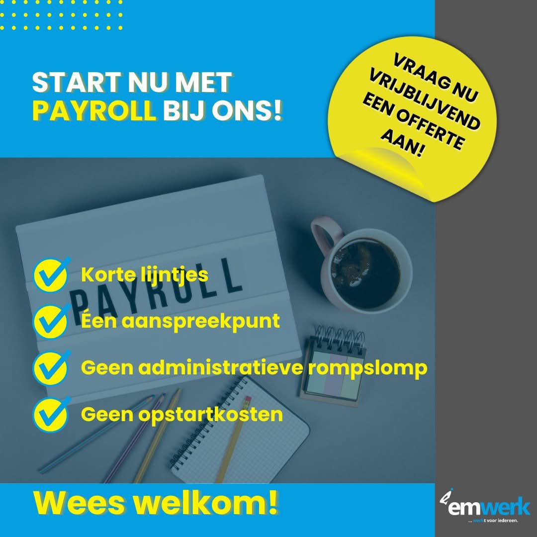 🌞 𝐏𝐀𝐘𝐑𝐎𝐋𝐋 𝐈𝐄𝐓𝐒 𝐕𝐎𝐎𝐑 𝐉𝐎𝐔𝐖? 
Laat Emwerk Uitzendbureau je personeelsadministratie regelen, zodat jij kunt ondernemen! ✅ Korte lijntjes ✅ 1 aanspreekpunt Neem contact op: 📧 info@emwerk.nl 📞 0591-394520 Of kom langs: Oostebracht 17, Emmen. 
#payroll #emwerk