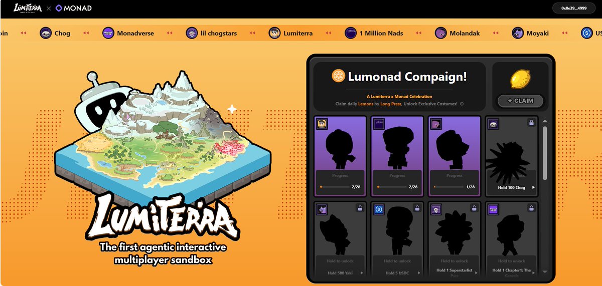 #monad  #lumonad #testnet 

👉 Go to: gmonad.lumiterra.net/lumonad 
▶️ Connect wallet  
▶️Long press the game button  
▶️ Scroll down and claim all costumes  

🔴 Hold 5 DAK  
🔴 Hold 100 CHOG  
🔴Hold 1 millions nads NFT  
🔴 At this point we can confirm that 1 Millions Nads NFT