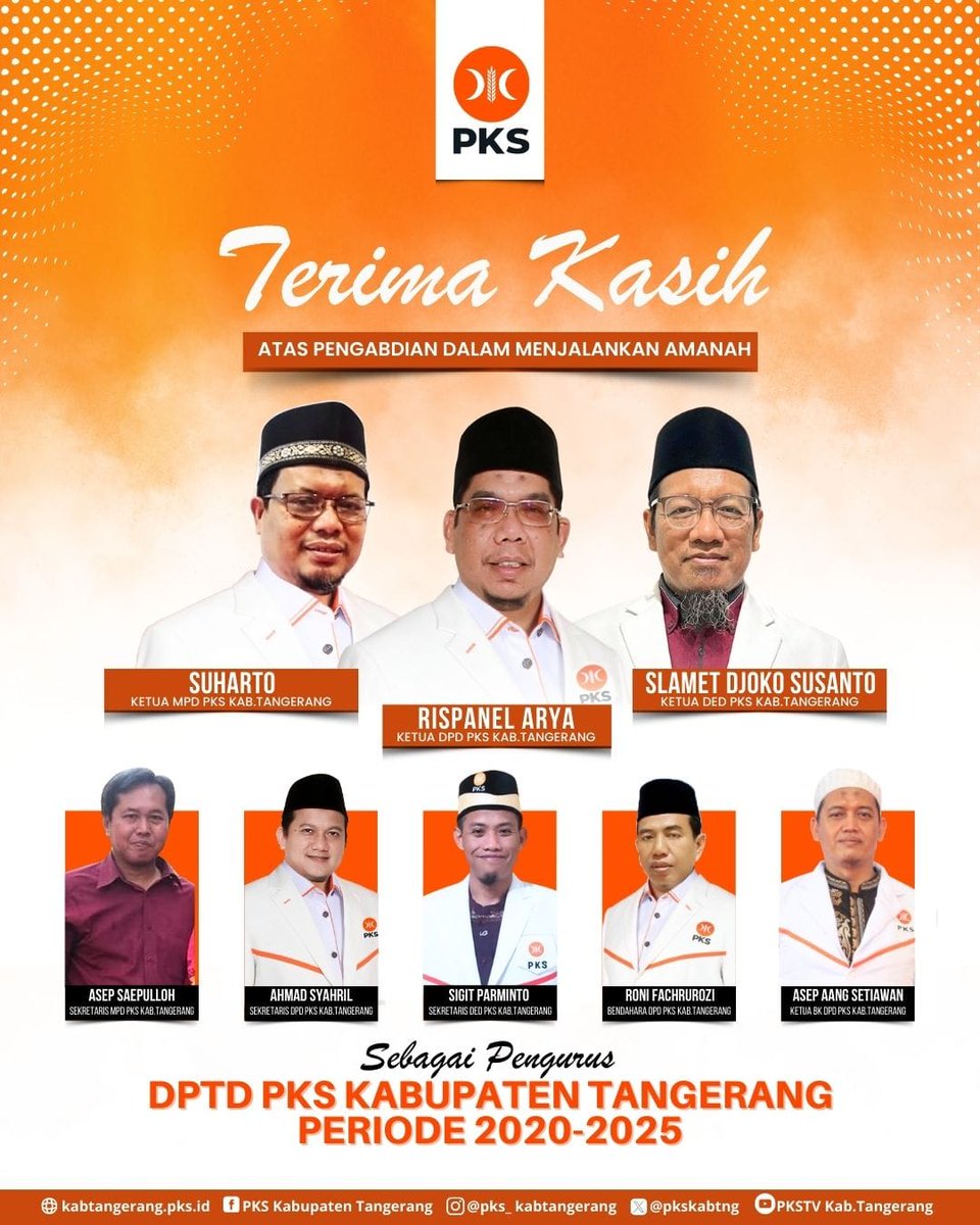 Sebuah perjuangan tak pernah selesai, ia hanya berpindah tangan. 
Terima kasih Pengurus DPTD PKS Kabupaten Tangerang 2020–2025 atas dedikasi &amp; pengabdian.
Estafet kepemimpinan terus berlanjut, semangat melayani rakyat tak akan padam!  #PKSKabupatenTangerang #EstafetKepemimpinan