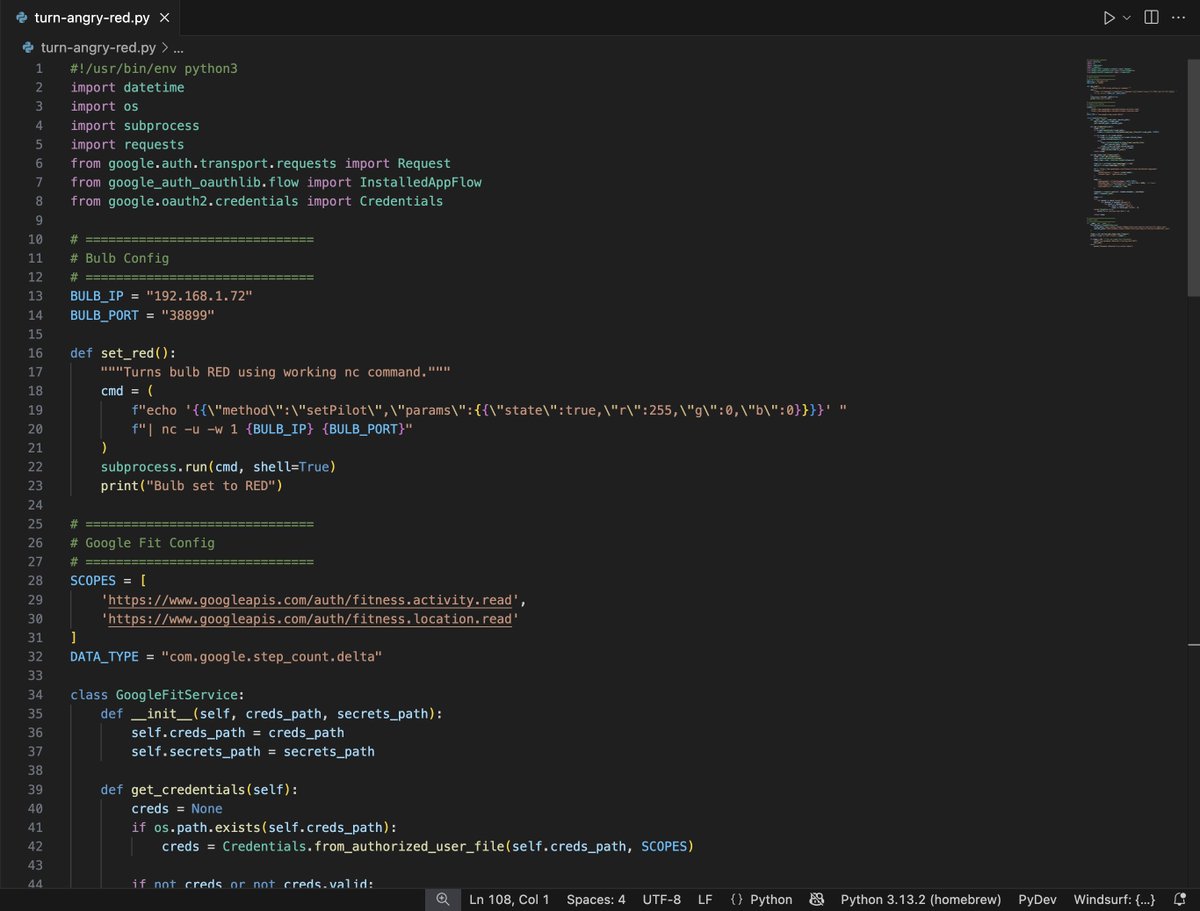 I hacked my bedroom lights to talk to Google Fit. If I haven’t moved in 2 hours, it flashes angry red until I get up. 🚨

The bulb’s app didn’t allow custom integrations, so I dug into it and found it listens for UDP packets with raw JSON RGB commands. 

So i wrote a tiny script,