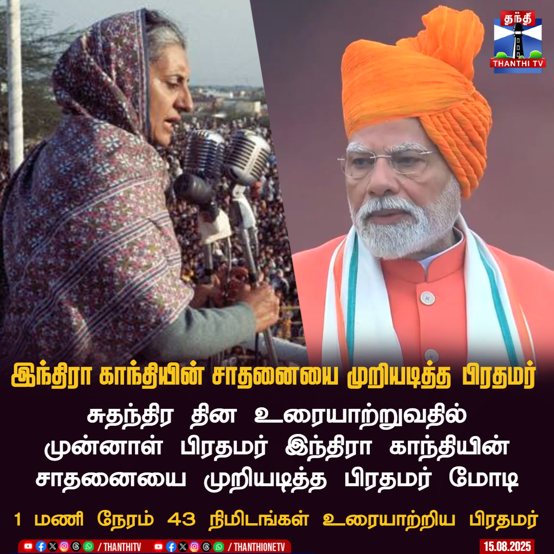 ThanthiTV's tweet image. இந்திரா காந்தியின் சாதனையை முறியடித்த பிரதமர்

சுதந்திர தின உரையாற்றுவதில் முன்னாள் பிரதமர் இந்திரா காந்தியின் சாதனையை முறியடித்த பிரதமர் மோடி... 

ஒரு மணி நேரம் 43 நிமிடங்கள் உரையாற்றிய பிரதமர்

#PMModi #ModiSpeech #IndependenceDay2025 #IndiraGandhi #ThanthiTV