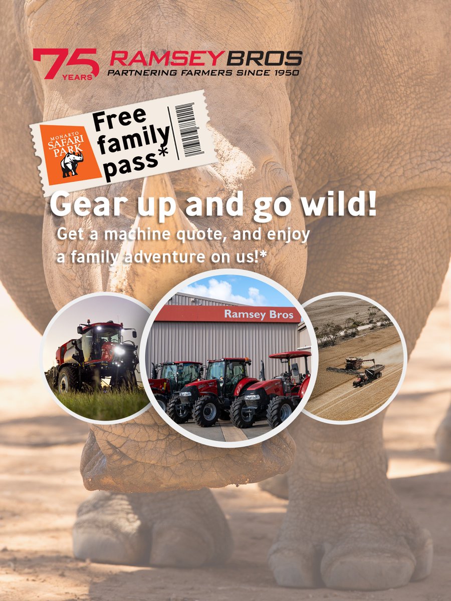 Did you know? A white rhino weighs around 2.5 tonnes — about the same as a Case IH Farmall! Get a quote on eligible gear &amp; we’ll shout you a Family Pass to Monarto Safari Park.*

📅 Ends 30 Sept or while passes last!
🔗 shorturl.at/YbjyM
*T&amp;Cs apply

📸Adrian Mann, Zoos SA