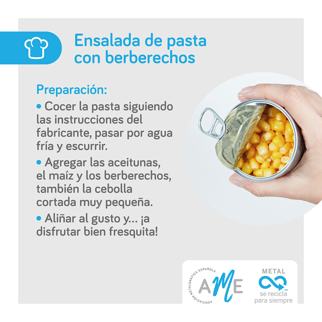 En verano apetecen platos frescos y rápidos 🏖️ Te proponemos una ensalada de pasta con berberechos en conserva: nutritiva, ligera y lista en minutos. Perfecta para llevar al aire libre.
Receta completa 👇

#EnvaseSostenible #receta #MetalRecyclesForever #AME