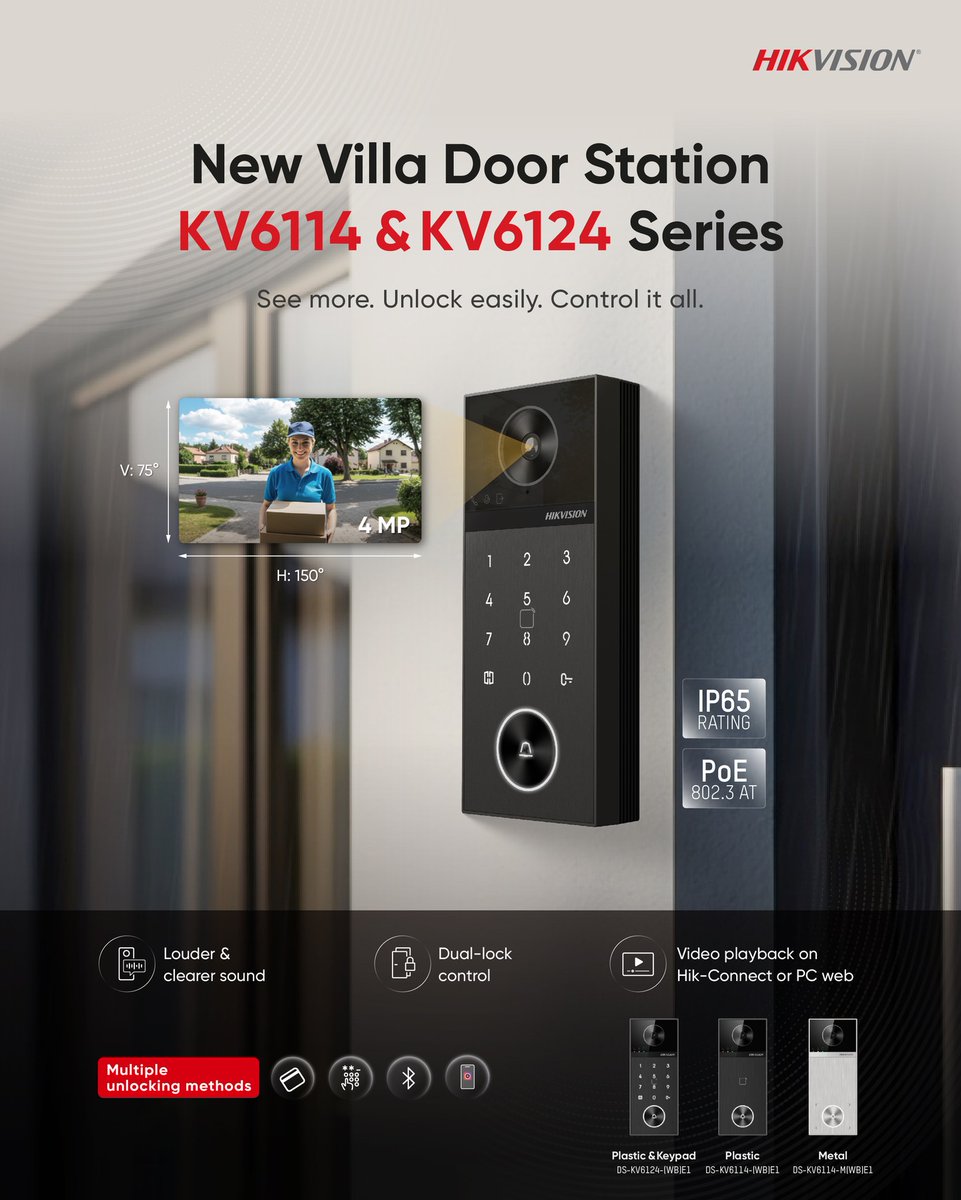 ViosecSystems's tweet photo. 🔍 Exciting new product launches in home security tech!

The new #Hikvision KV6 Series villa door station features enhanced 4MP horizontal views, delivering a louder &amp; clearer audio experience for visitor calls. 🛡️ https://t.co/94lr4fnXR0