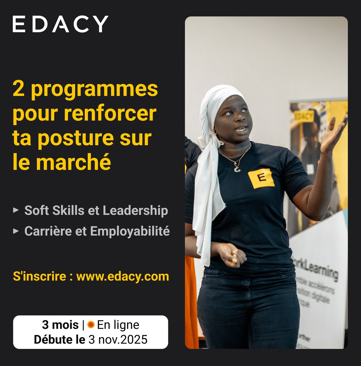 EDACYHQ's tweet photo. Vos compétences techniques sont votre moteur. 
Vos soft skills sont votre volant. 🚗💨

Renforcez votre posture sur le marché avec nos 2 nouveaux programmes :
Soft Skills &amp; Leadership
Carrière &amp; Employabilité

100% en ligne | 3 mois | Pour les talents de 🇸🇳🇨🇮🇧🇯🇹🇬. https://t.co/B2tK1LYgqX