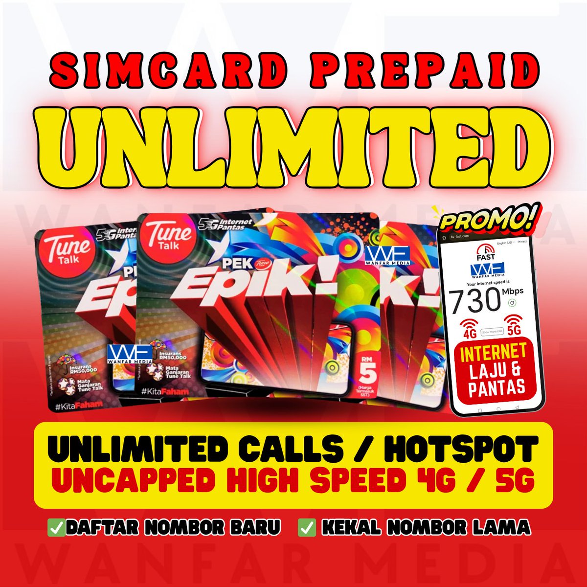 PROMOSI SIMKAD LAJU
👉RM50 Sebulan 350GB
👉Unlimited Hotspot &amp; Uncapped Speed
📌Unlimited Call All Network
📌Coverage Celcom Digi 5G/4G

⦿Prepaid topup langgan
⦿Blacklist line boleh daftar
⦿Tiada kontrak telco

FREE PERCUMA SIM CARD TUNETALK HALOTELCO 
shopee.com.my/wanfarmedia