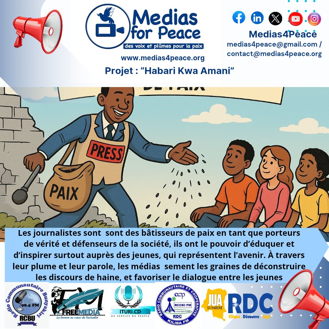 JUA RDC (@juardc) on Twitter photo Journalists are peacebuilders. Through truth and dialogue, they educate youth, dismantle hate speech, and shape a more peaceful future. 🕊️🧠 #Peace #Media4Peace #YouthVoices <a href="/SwissDevCoop/">Swiss Development and Cooperation</a> <a href="/UPEACE/">University for Peace</a>
<a href="/gnwp_gnwp/">Global Network of Women Peacebuilders (GNWP)</a> <a href="/UNPeacebuilding/">United Nations Peacebuilding</a>
<a href="/leclerc_katrina/">Katrina Leclerc (she/elle/ella)</a> <a href="/Canada_YPS/">Canadian Coalition for Youth, Peace & Security</a> <a href="/GlobPeaceIndex/">Global Peace Index</a> <a href="/Eurpeace/">European Institute of Peace (EIP)</a> Journalists are peacebuilders. Through truth and dialogue, they educate youth, dismantle hate speech, and shape a more peaceful future. 🕊️🧠 #Peace #Media4Peace #YouthVoices <a href="/SwissDevCoop/">Swiss Development and Cooperation</a> <a href="/UPEACE/">University for Peace</a>
<a href="/gnwp_gnwp/">Global Network of Women Peacebuilders (GNWP)</a> <a href="/UNPeacebuilding/">United Nations Peacebuilding</a>
<a href="/leclerc_katrina/">Katrina Leclerc (she/elle/ella)</a> <a href="/Canada_YPS/">Canadian Coalition for Youth, Peace & Security</a> <a href="/GlobPeaceIndex/">Global Peace Index</a> <a href="/Eurpeace/">European Institute of Peace (EIP)</a>