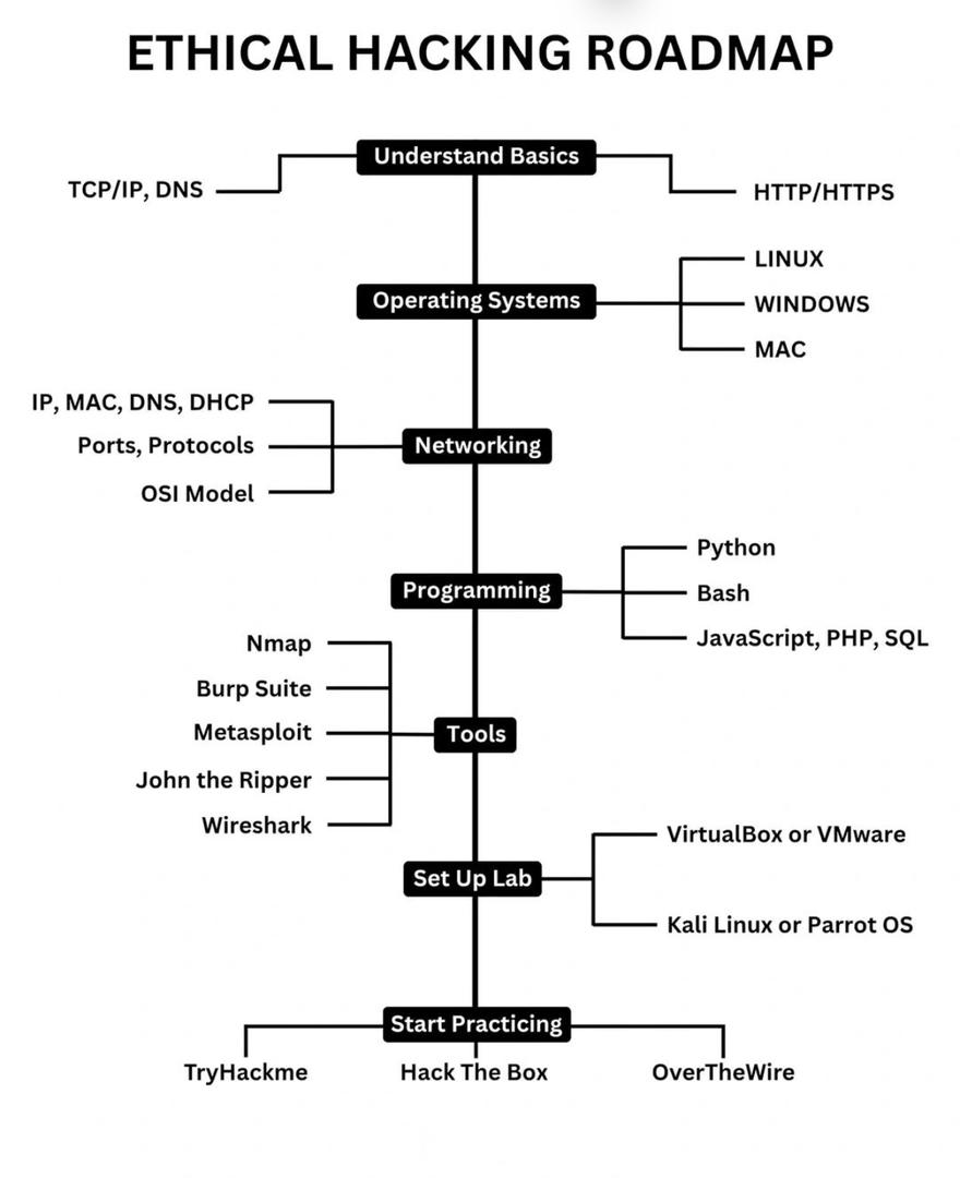 Hackerrr_99's tweet image. Ethical Hacking Roadmap
====================
1️⃣ Understand Basics
2️⃣ Operating system
3️⃣ Networking
4️⃣ Programming 
5️⃣ Ethical Hacking Tools
6️⃣ Set up lab
7️⃣ Start Practicing 

#EthicalHacking  #CyberSecurity  #LearnHackingLegally  #bugbountytip #TryHackMe #HackTheBox  #KaliLinux