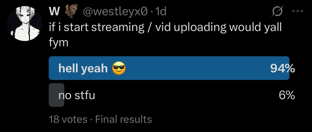 westleyx0's tweet photo. The public have spoken, ill fs post whenever i get this running for yall 🫶🏻 https://t.co/ypBpydSMFy