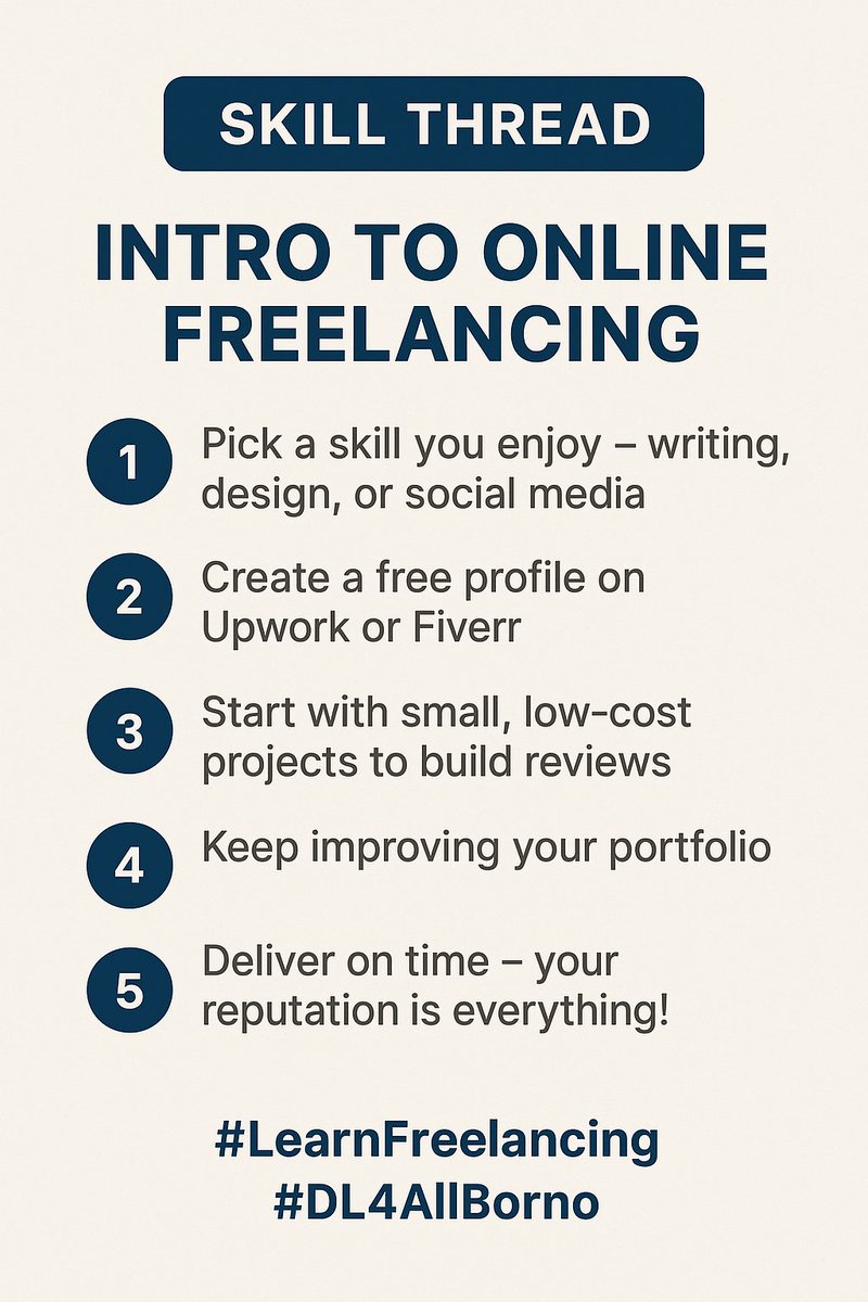 Dl4all_Borno's tweet photo. 🧵 Mini Thread: Intro to Online Freelancing
#LearnFreelancing #DL4AllBorno #SideHustleSkills https://t.co/G8aonfsmQp