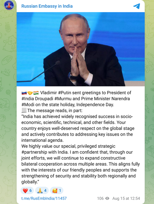 DeccanChronicle's tweet image. Russian Embassy in India posts, "Vladimir #Putin sent greetings to President of #India Droupadi #Murmu and Prime Minister Narendra #Modi on the state holiday, Independence Day.  "India has achieved widely recognised success in socio-economic, scientific, technical, and other