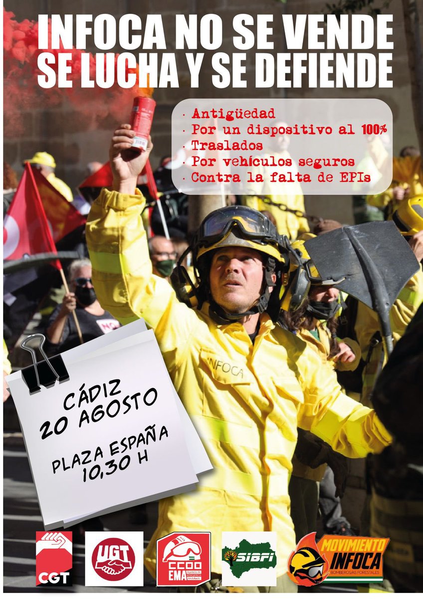 INMAORTEGA (@inmaortega68) on Twitter photo 🔥 Defendemos el monte. Defendemos nuestros derechos. 🔥<a href="/CCOOAMAYA/">CCOO AMAYA</a> <a href="/ccoocadiz/">CCOO de Cádiz</a>
📅 20 AGOSTO
📍 Plaza España, Cádiz
🕙 10:30 h
#INFOCA #BomberosForestales 🔥 Defendemos el monte. Defendemos nuestros derechos. 🔥<a href="/CCOOAMAYA/">CCOO AMAYA</a> <a href="/ccoocadiz/">CCOO de Cádiz</a>
📅 20 AGOSTO
📍 Plaza España, Cádiz
🕙 10:30 h
#INFOCA #BomberosForestales