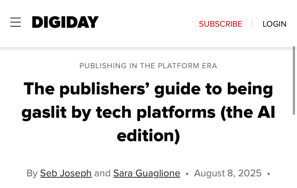 “When platforms start redefining what success looks like, it’s usually because the old metrics look ugly. Trust your own data, not their narrative.”

🔗 digiday.com/media/the-publ…