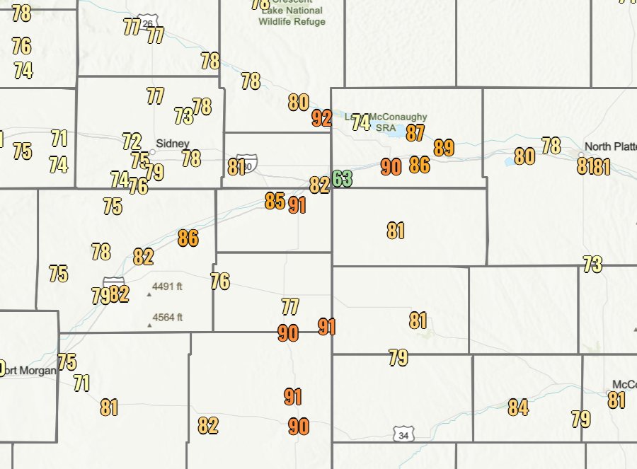 There have been some heat bursts in northeast Colorado and southwest Nebraska. These are max temps since midnight, some locations reaching the low 90s thanks to showers and storms moving through mixing down a warm and dry layer above the surface. #cowx #newx
