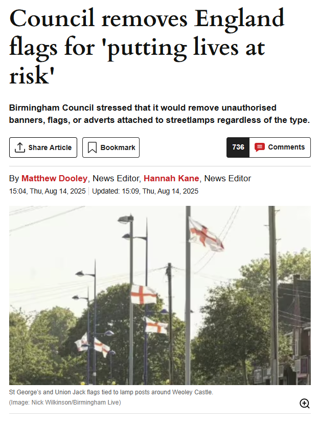 TRobinsonNewEra's tweet photo. Imagine that. Putting up England flags in Englands second city puts peoples lives at risk?

Why is that exactly @BhamCityCouncil? https://t.co/oXEjOUQtzW