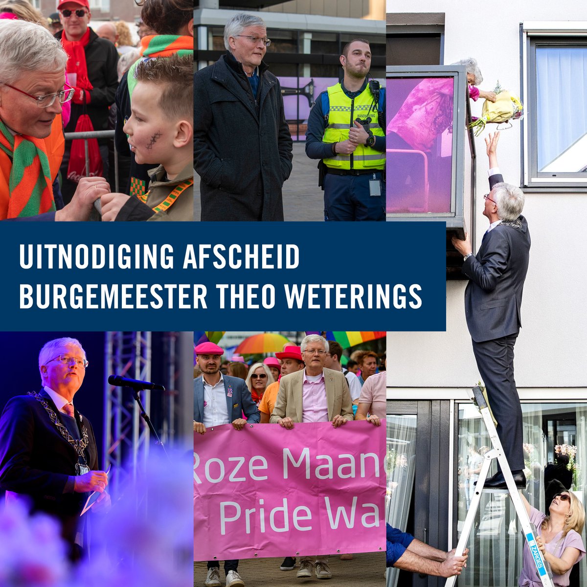 Op zaterdag 30/8 neemt burgemeester Theo Weterings afscheid. De inwoners van Tilburg, Berkel-Enschot, Udenhout en Biezenmortel worden uitgenodigd om  afscheid te komen nemen. Er zijn verschillende activiteiten, van <a href="/Stadsmuseum013/">Stadsmuseum Tilburg</a> en het archief ⬇️ buff.ly/YtGPMQw