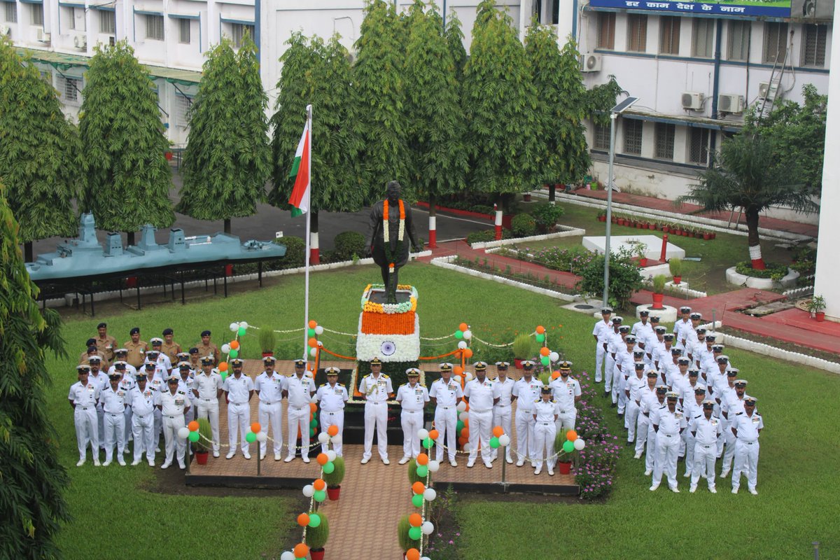 The Tricolour was proudly hoisted at INS Netaji Subhas beside the statue of the great leader, followed by a floral tribute by NOIC (WB). All personnel paid homage to his unparalleled courage, patriotism, and enduring contribution to India's freedom struggle. #HarGharTiranga2025