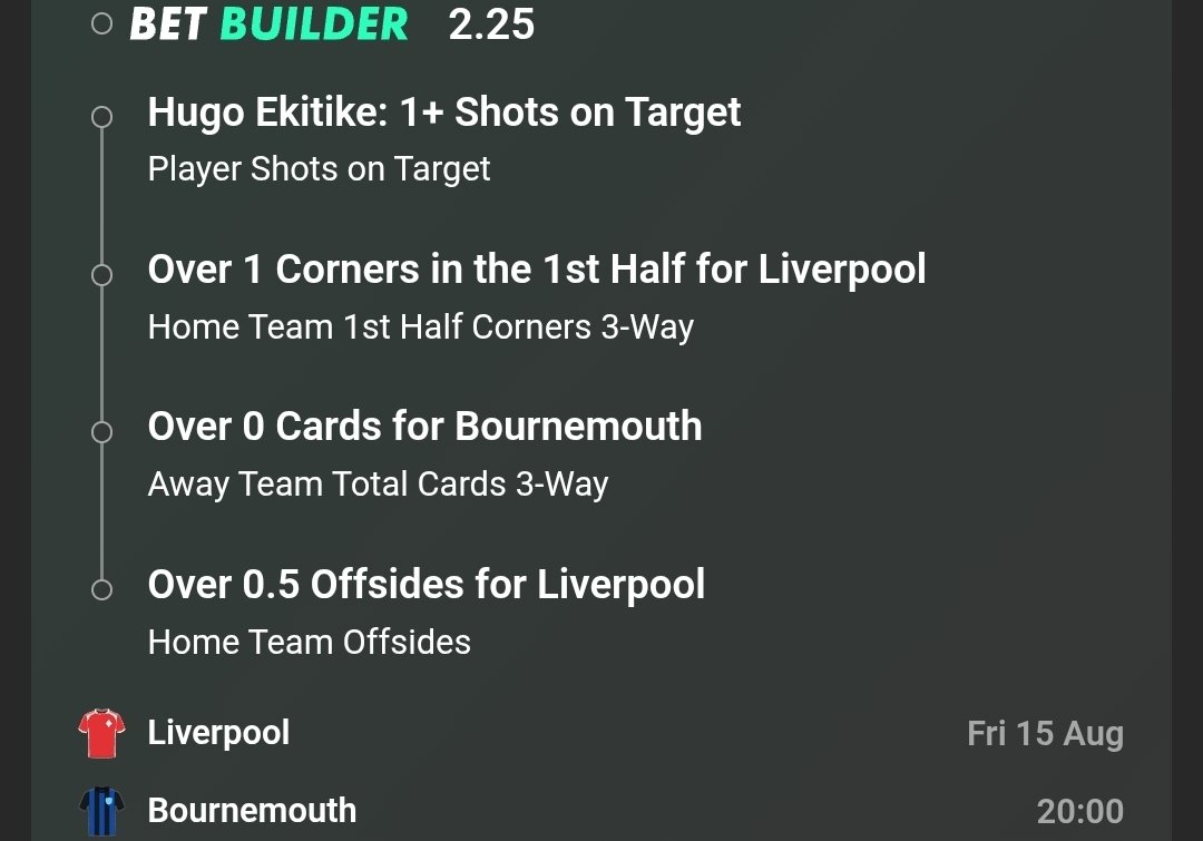 Premier league is back 💥

Let's kick it off with a bet builder win 🤞

Bet of the day 💸

📈583/ 910 landed ✅

📝 2.78

💰 10 units

📈 Profit to date +2,334 units ⬆️