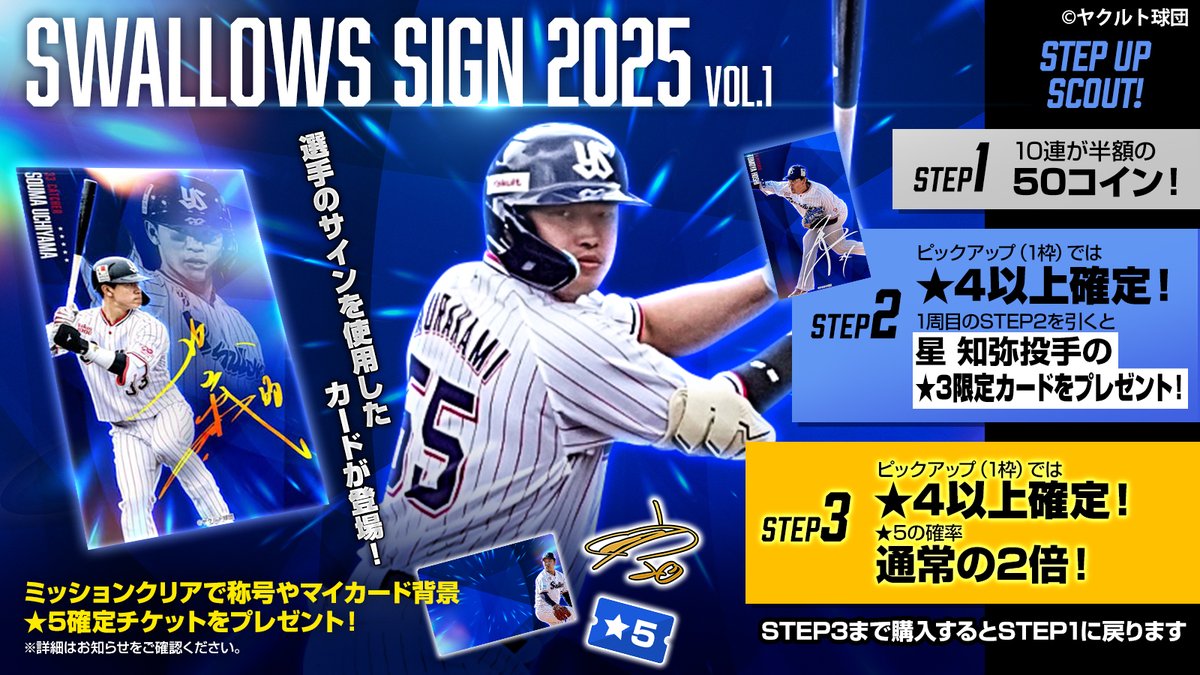 ／
Swallows Sign 2025 Vol.1✒️
カードパック販売開始！
＼

選手のサインを使用したカードが登場！
30枚集めて #星知弥 投手の★3限定カードをゲット！

▼詳細はこちら
swallows.orical.jp

#swallows
#スワローズトレカ