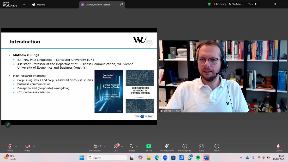 DipSCORLING2025's tweet photo. Hello, everyone! 👋🏻

Right now is Dr. Matthew Gillings' session! He is talking about Corpus Linguistics and (Im)politeness. Kindly pay attention to this material today at DipSCORLING 2025! 👀🗣️ https://t.co/5nCZhAmc4c