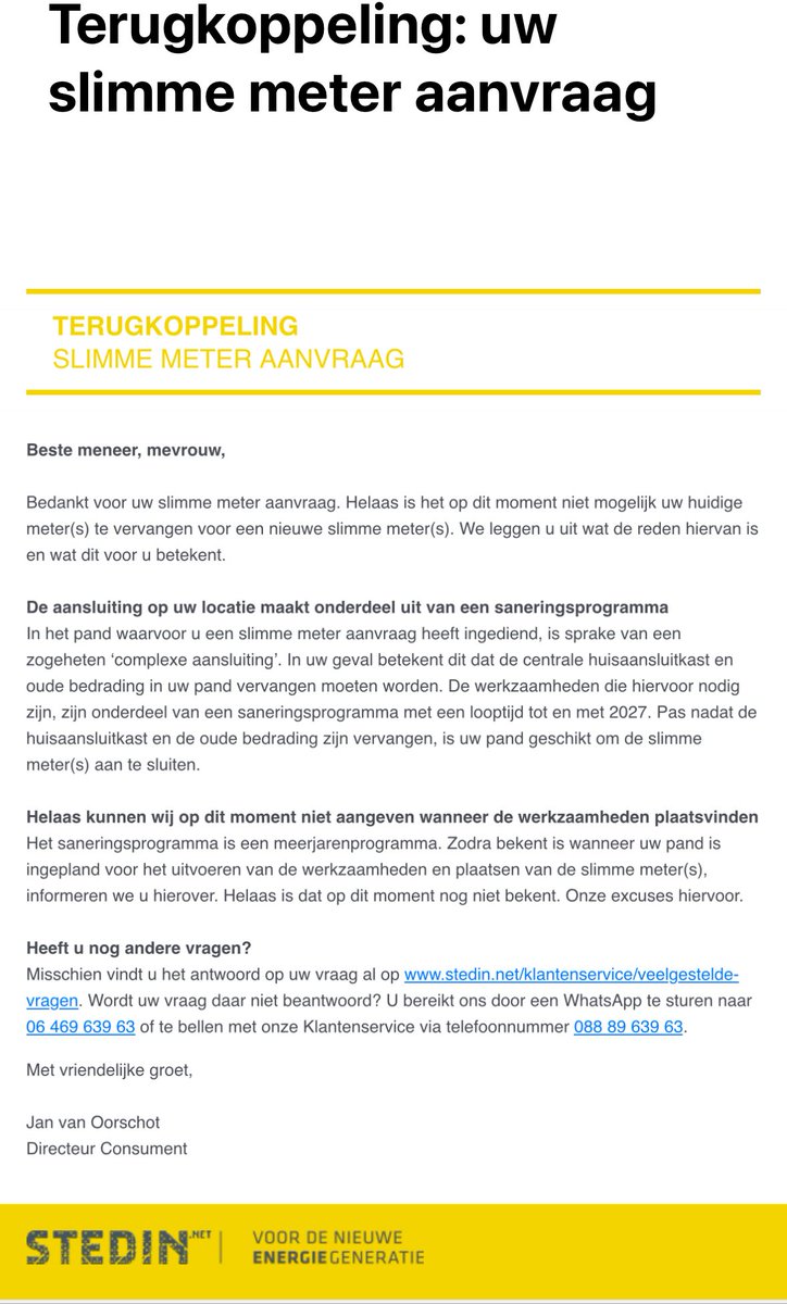 hft154's tweet photo. Nou netbeheerders…hierbij jullie reactie van begin januari 2023 op mijn mail. Mijn verzoek was al jaren daarvoor gedaan, maar goed. Natuurlijk wil ik ondertussen al lang niet meer, maar goed.  Wel bijzonder om een dergelijk artikel te lezen dan. @Stedin @netbeheerNL @ADnl https://t.co/rdsnQUSfCi
