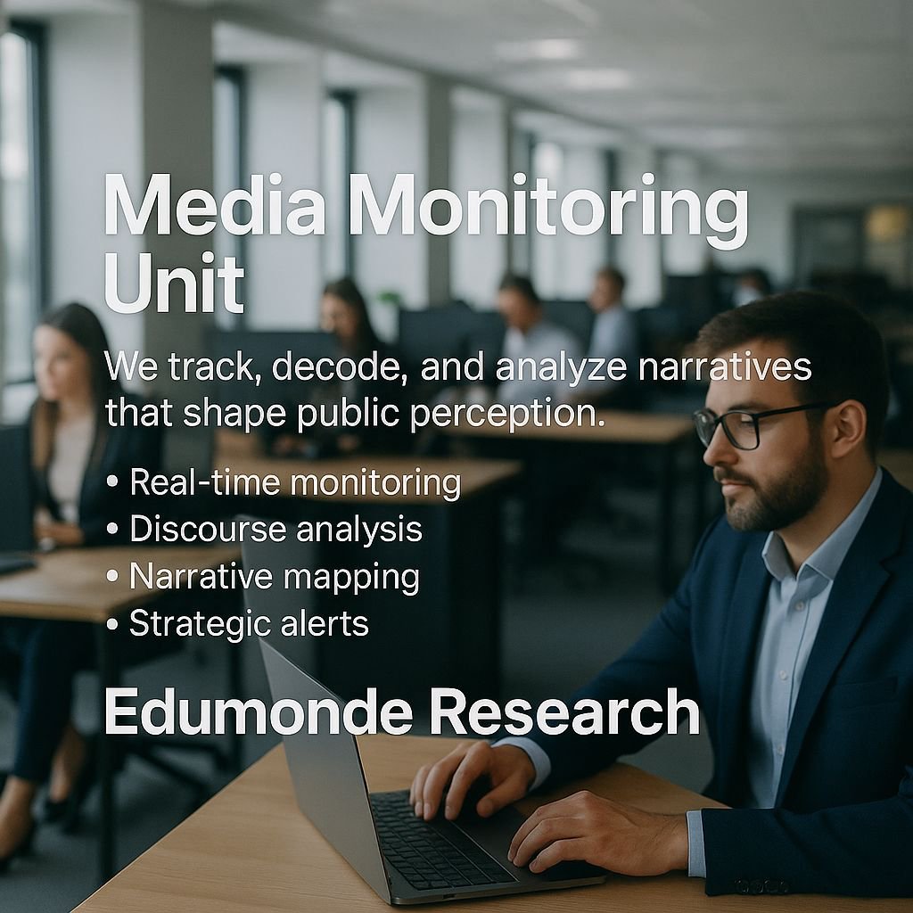 EdumResearch's tweet photo. Narratives shape perception. We track who’s shaping them.
The Media Monitoring Unit at Edumonde Research decodes rhetoric, maps discourse, and issues real-time alerts, turning noise into strategic insight.

Understand the message behind the message.
#MediaMonitoring #NarrativeAnalysis #EdumondeResearch #DiscourseMapping #StrategicComms