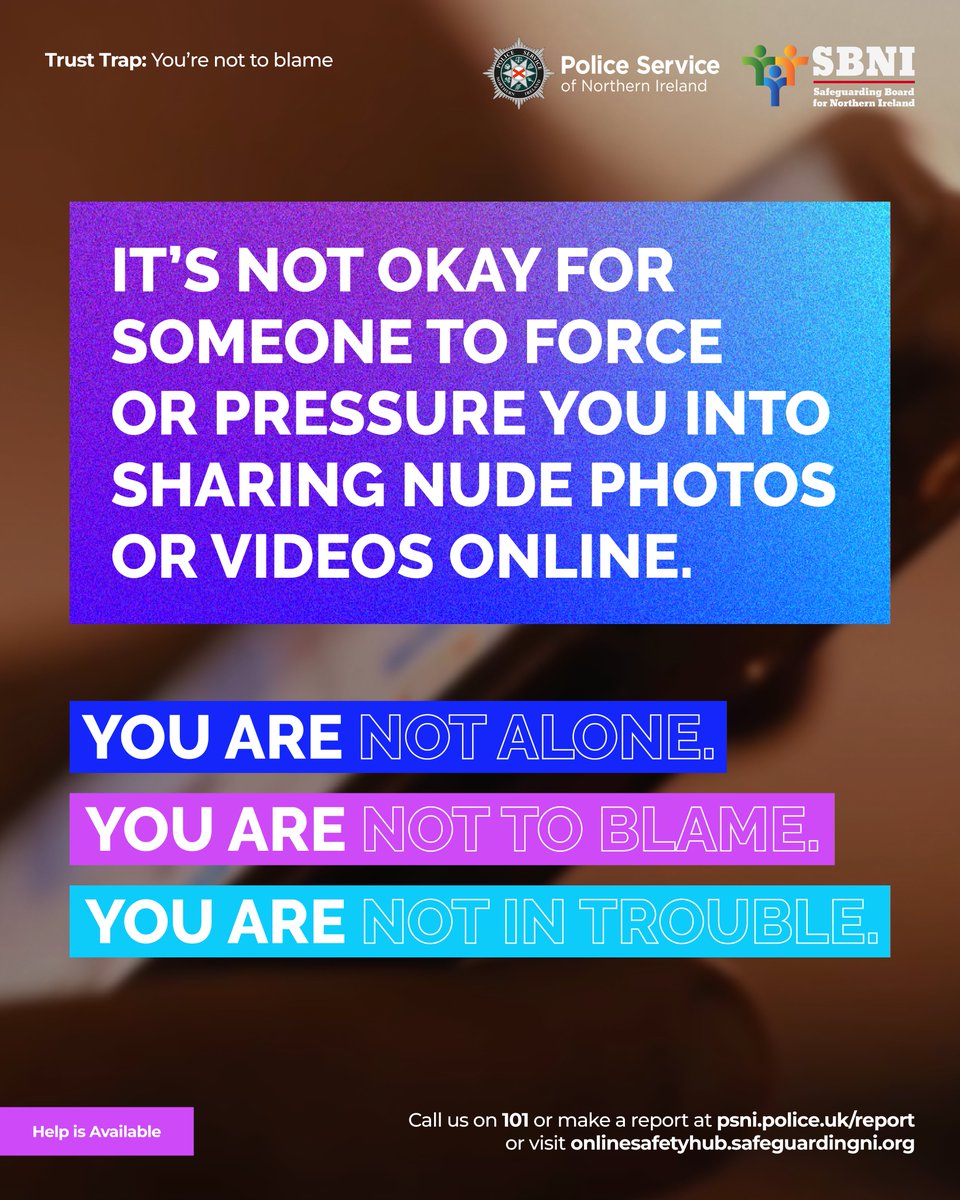 safeguardingni's tweet photo. Children targeted online often stay silent. That’s why we’ve launched a new awareness campaign with @PoliceServiceNI to help prevent online abuse and to reassure those affected that support is always available.

Learn more about the Trust Trap campaign: https://t.co/ATVpbWAOLy https://t.co/K4nU0lpqaw